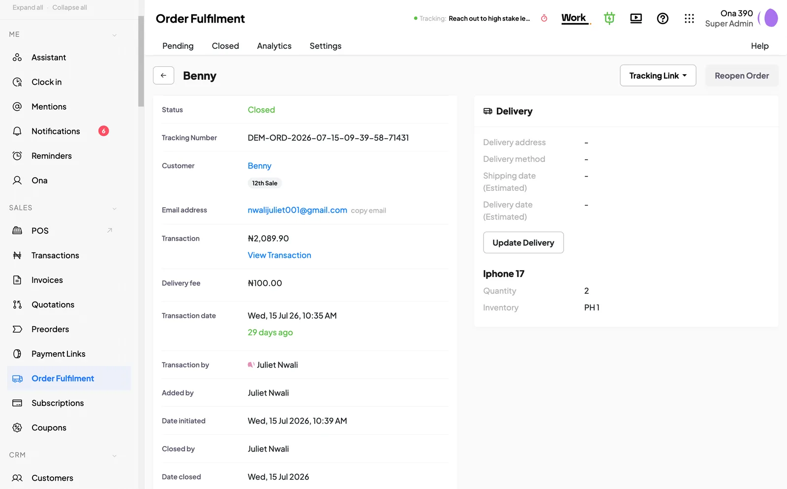 A HUB order being fulfilled in 390 Work