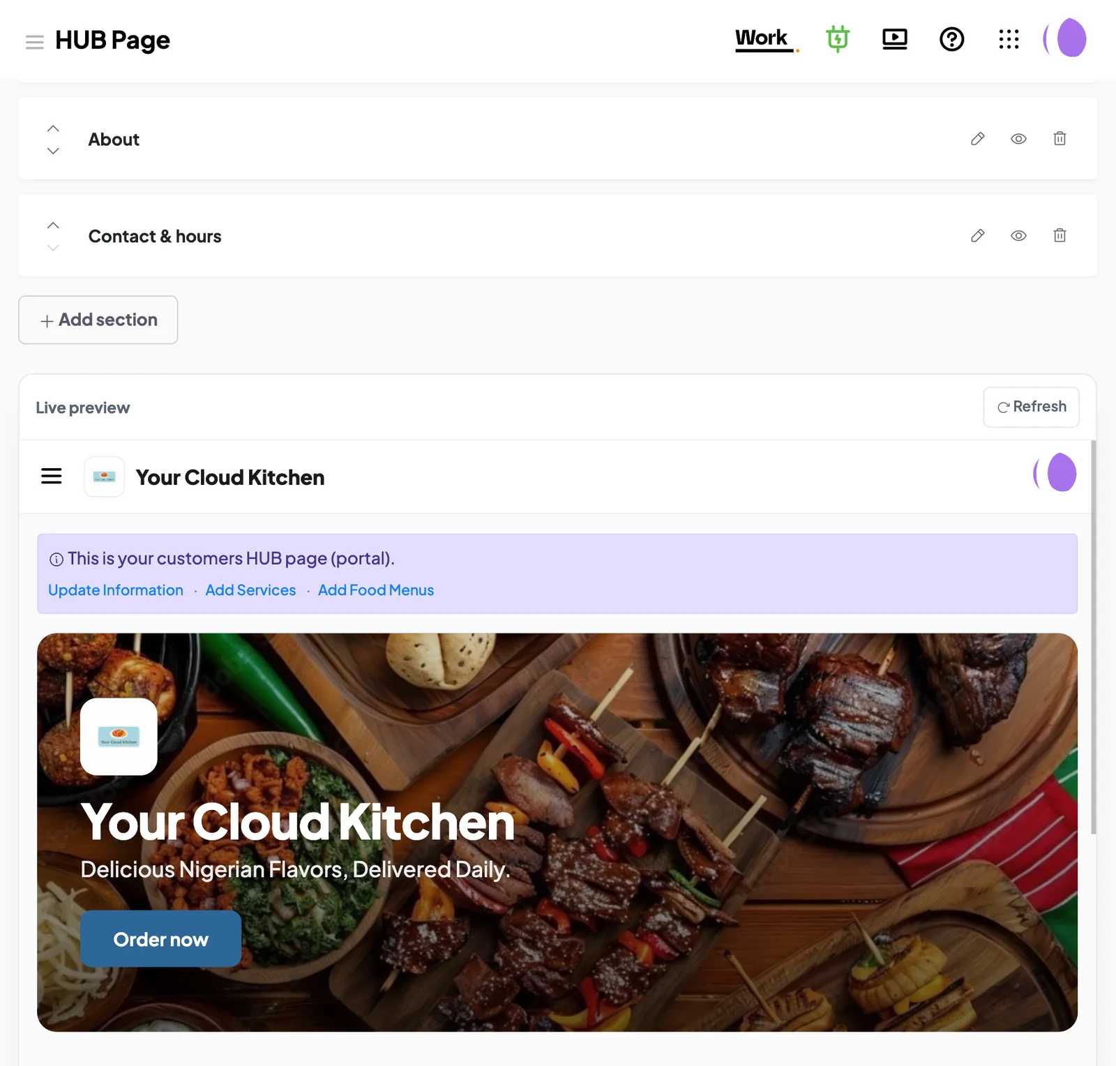 Editing a HUB page in the page builder with a live preview