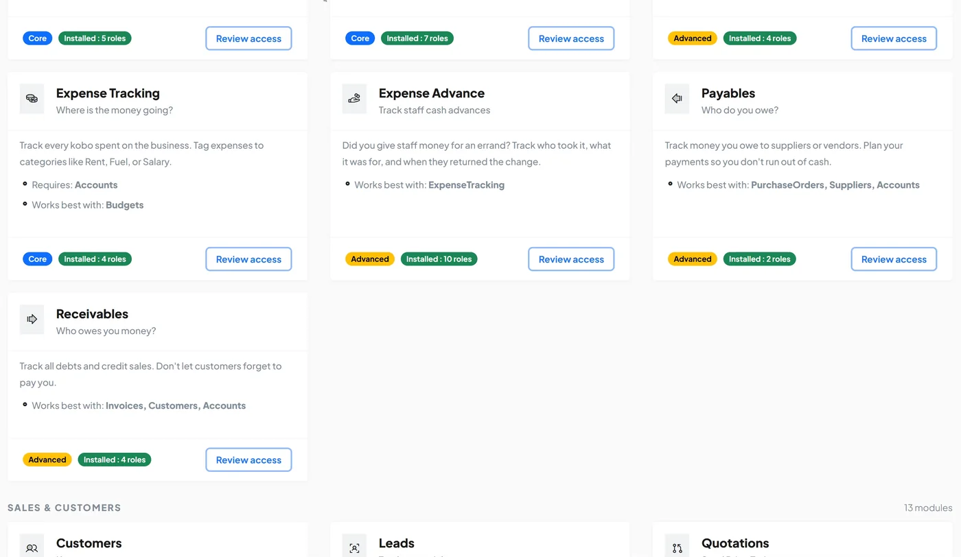 The Activate Modules page in 390 Work, showing how many roles have access to each module